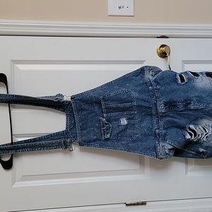 Men's Distressed Denim Overalls, Size XL